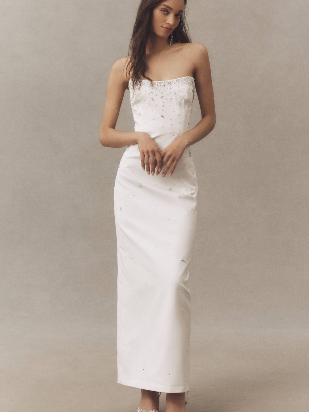 BHLDN Strapless White Embellished Column Dress